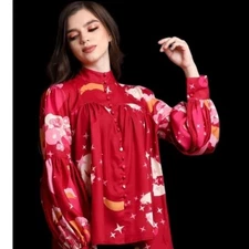 The Moon Maroon Astro Print Blouse Balloon Sleeve Bow Back Button Front SzLg NEW