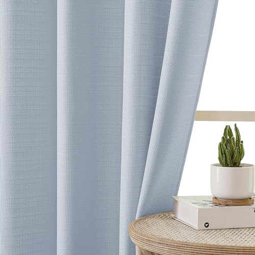 Bennet Aqua Curtains 54 Inch Length 2 Panels, Faux Linen Textured Semi Sheer - Foto 4 di 6