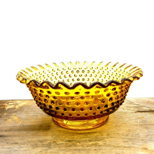 Vintage Fenton Amber Glass Hobnail Bowl With Ruffled Edge Candy Bowl - Picture 3 of 14