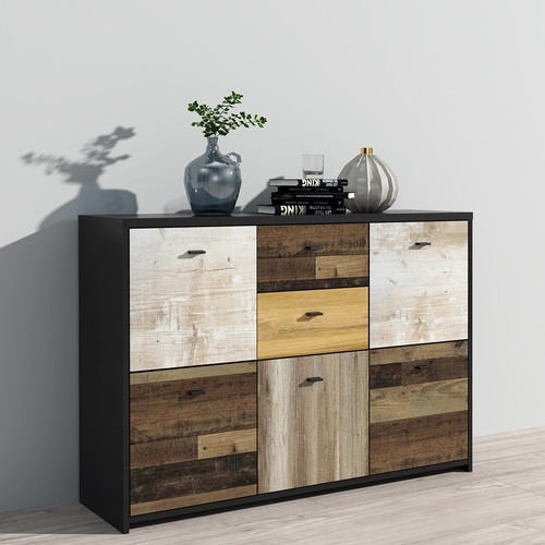 Kommode - Eiche-Pinie-schwarz - 114 cm breit Sideboard Anrichte Beistellschrank - Bild 6 von 10
