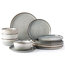 Ceramic Dinnerware Sets for 4, 12 Pieces Stoneware Plates and Bowls Sets, Rea...