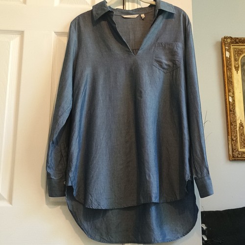 Weiche Umrandung Tencel Chambray Popover Bluse Medium hoch niedriger Rücken Plissee... - Bild 6 von 13