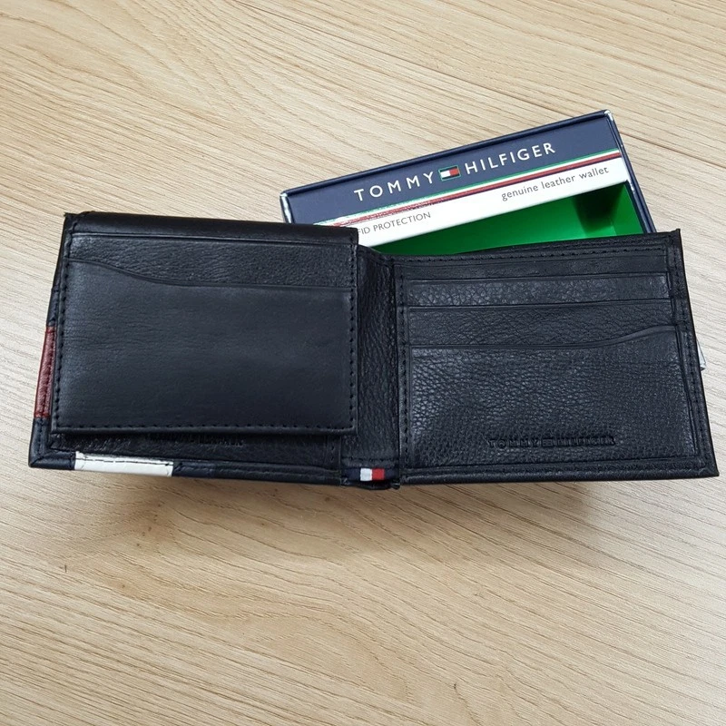 TOMMY HILFIGER Hombres Cartera de Cuero Negra Doble Pliegue RFID Bandera Logo Foto 3 de 4