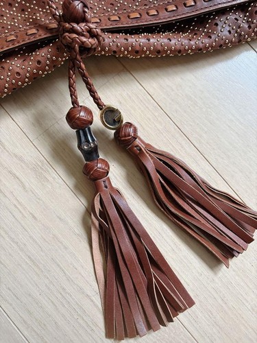 GUCCI Bamboo Tassel Studded Leather Clutch Bag Brown Vintage Made in Italy - Picture 6 of 13