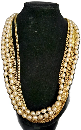 MIRIAM HASKELL Vintage Golden Faux Pearl 6 Strand Necklace 22 Inches Signed
