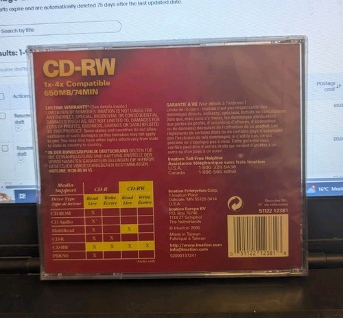 IMATION - CD-RW 1x - 4x COMPATIBLE 650MB/74 MINS NEW AND SEALED - 第 2/2 張圖片