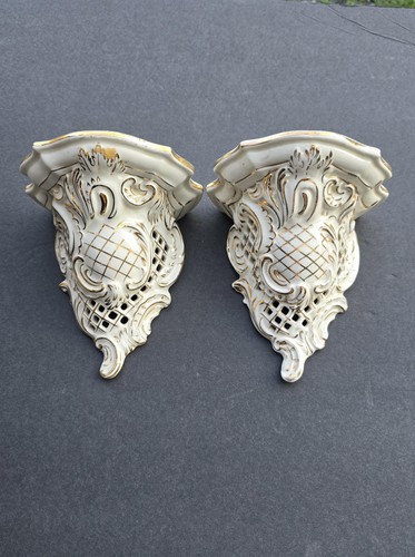 Coppia di applique da parete vintage Erphila Germania porcellana oro dorato rococò 8 - Foto 4 di 8