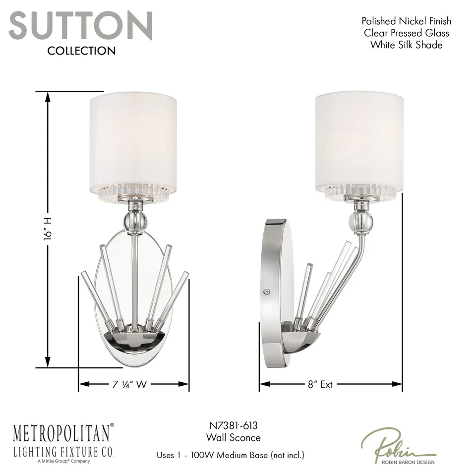Aplique de pared Metropolitan N7381 Sutton 16" de alto - níquel Foto 4 de 4