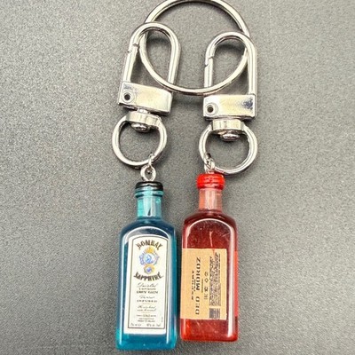 Miniature Bombay Sapphire Gin and Red Liquor Bottle Keychain Set Silver Tone