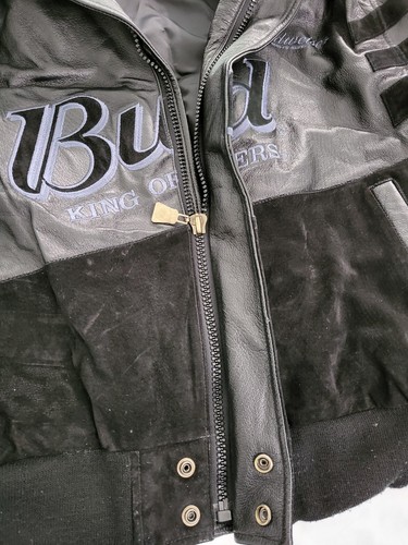 Bud Racing Leather Jacket Mens XL Black Budweiser Vintage Full Zip Bomber - Picture 12 of 17