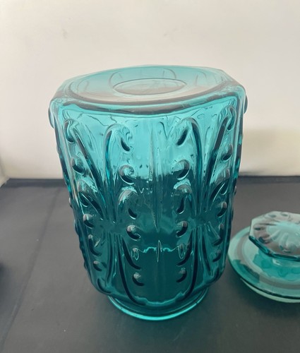 VTG LE Smith Glass Teal Aqua Blue Canister Atterbury Scroll Apothecary Jar 9" EC - Picture 12 of 17