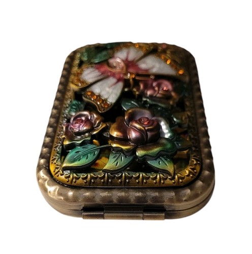Vintage Look Makeup Mirror Metal Portable Foldable Compact Butterfly Flowers NIB - Picture 18 of 21