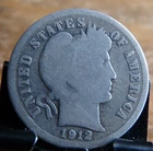 1912,  10C Barber Dimes Low Grade 90% Silver