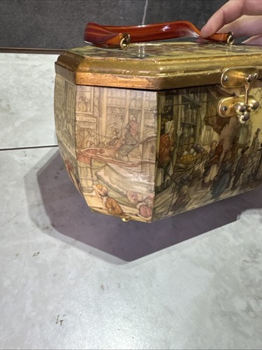 Cartera de mano vintage Anton Pieck 3D decoupage madera octágono caja pequeña ciudad Ms6 - Imagen 3 de 17