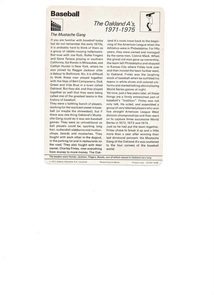 Sportscaster Oakland A's 1971-1975 Catfish Reggie Rollie Fingers 1977 14-09 Foto 2 de 2