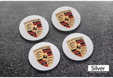 4x Porsche Crest Center Caps Silver 76mm Cayenne 911 Carrera Panamera Turbo 918