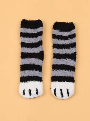 Striped Cat Paw Fuzzy Crew Socks for Women Cute Socks Novelty Socks Fun Socks