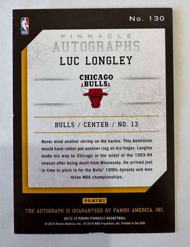 Luc Longley 2013-14 Panini Pinnacle Autograph Auto - Bild 2 von 2