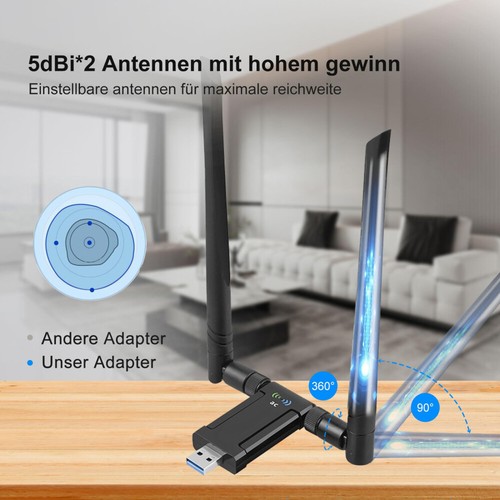 WLAN ADAPTER USB 3.0 STICK 1300MBPS WIFI DUAL BAND 5GHZ ANTENNE PC BLUETOOTH DE - Afbeelding 20 van 25