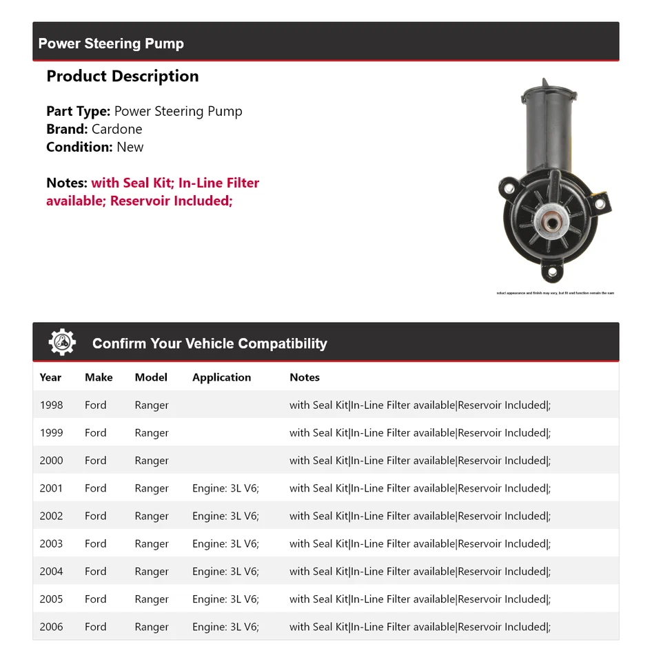 For 1998-2006 Ford Ranger Power Steering Pump Cardone 1999 2000 2001 2002 2003 - Image 2 of 4