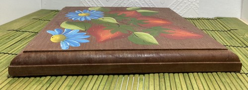 Placa de madera de flores azules fresas pintadas a mano de colección decoración de pared 9,5x9,5" - Imagen 3 de 6