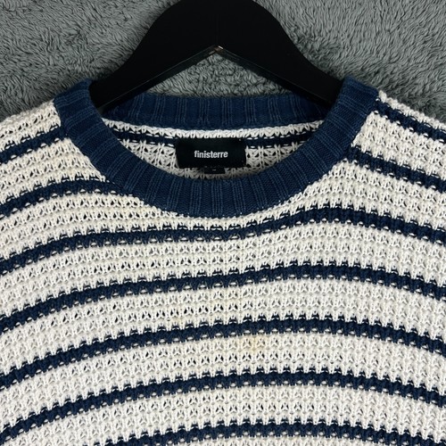 Finisterre Jumper Mens M White Navy Cotton Grid knit Oversized Stretch Striped - Picture 5 of 12