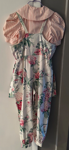 Storybook Heirlooms Floral Romper W Striped Blouse & Hat Girls 12 Tapered Legs - Picture 4 of 20