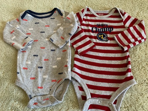 2 Boys Gray Red Striped Football Firetrucks Long Sleeve One Pieces 6 Months - Picture 1 of 8