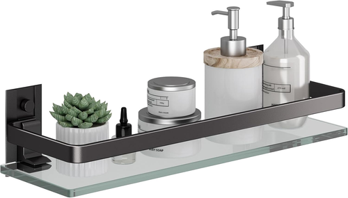 Clear Tempered Glass Mounted Wall Shelf, Bathroom Kitchen Organizer, Matte Black - Picture 11 of 12