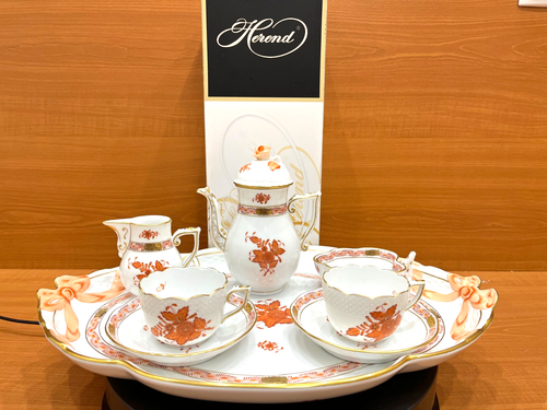 HEREND CHINESE BOUQUET RUST PATTERN COFFEE SET FOR TWO,8 PIECES,NEVER USED MINT