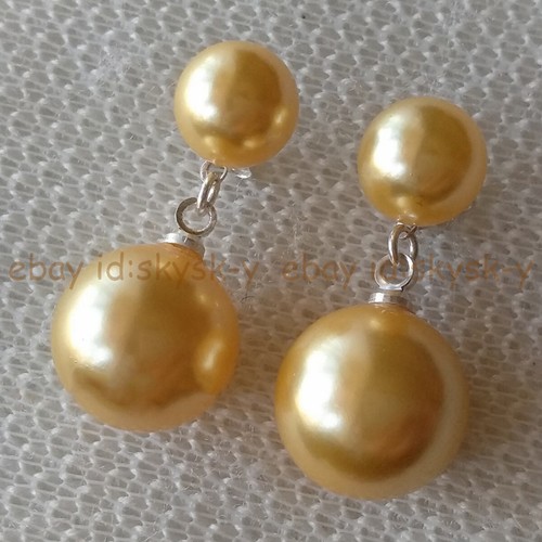 Yellow South Sea Shell Pearl Round Double Beads Dangle Silver Stud Earrings - Picture 2 of 6