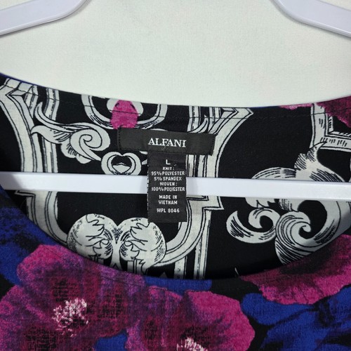 Alfani Tunic Blouse Women's Size Large Black Pink & White Floral 3/4 Sleeves - Picture 9 of 16