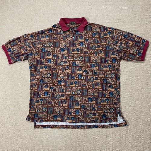 VINTAGE Cabin Creek Golf Polo Shirt Mens XXL Burgundy All Over Print Pattern USA