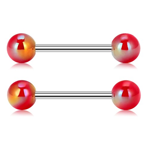 2pcs Colorful Ball Tongue Rings 316L Stainless Steel Barbell Nipple Ring 14G Bar - Picture 27 of 32