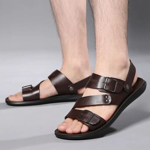 Sandalias De Cuero Moda Para Hombre Zapatos Informales De Verano Con Punta Abier - Picture 17 of 20