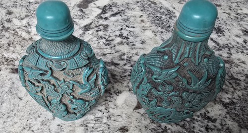 Antique Pair of Large (5"+) Handcarved Turquoise Resin Chinese Snuff Bottles - Picture 2 of 9