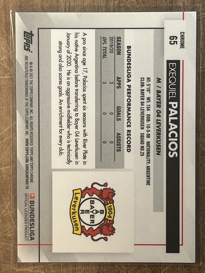 2020-21 Topps Chrome Sapphire Bundesliga Soccer #65 Exequiel Palacios Leverkusen - Image 2 of 2
