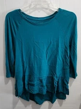 LOFT Women's 3/4 Sleeve Pullover Top Ruffle Hem Solid Blue 100% Rayon Size MP