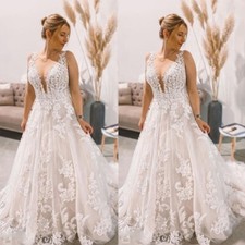 Boho Deep V Neck Wedding Dresses A Line Lace Appliques Sleeveless Bridal Gowns