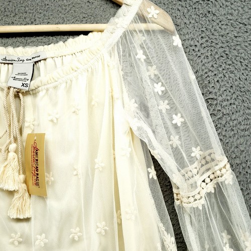 American Rag Top Womens XS Long Sleeve Sheer Ivory Crochet Lace Floral - Picture 6 of 24