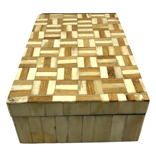 Vintage Tessellated Bone Lidded Wood Box Velvet Interior for Storage or Trinkets - Picture 2 of 6