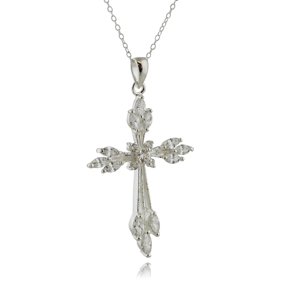 Collar Cruz Marquesa Plata de Ley con Circonita Cúbica y Cadena de 18" Foto 3 de 3