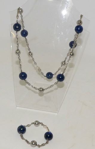 Silber Schmuckset 925 Sterling LAPISLAZULI Halskette + Armband, 9 Steine 17mm