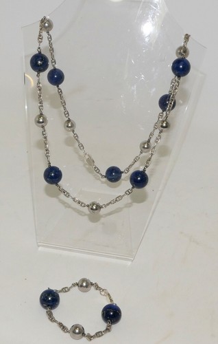 Silber Schmuckset 925 Sterling LAPISLAZULI Halskette + Armband, 9 Steine 17mm - Picture 1 of 17