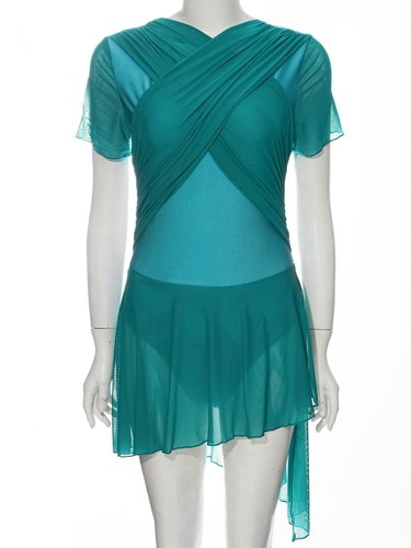 Lyrisches Tanzkostüm Damen asymmetrischer Saum Plissee Netz-Overlay Turnanzug Kleid - Bild 45 von 70