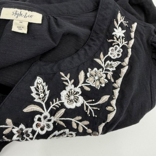 Style Co Top Women 3X Black Embroidered Long Sleeve Sequins Peasant Boho Hippie - Picture 6 of 11