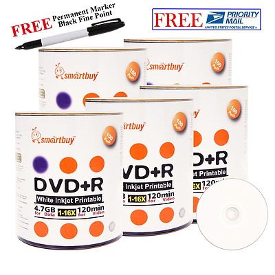 500 Smartbuy 16X DVD+R 4.7GB White Inkjet Printable Disc +Black Permanent Marker