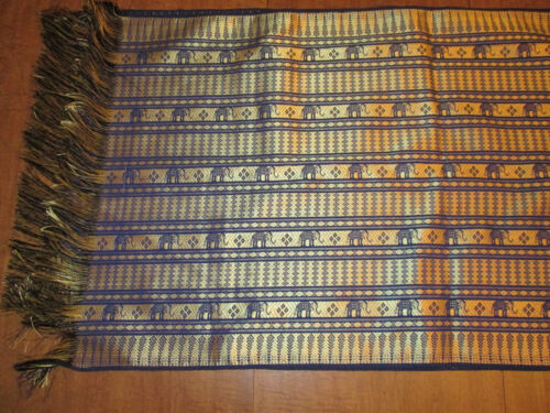 Thai Silky Linen Tablerunner 76x19 1/2 Blue Black With Gold Elephants Fringe - Picture 3 of 4