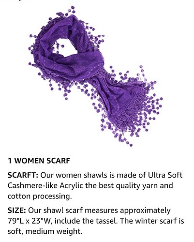 VINAKAS Women's Lace Sheer SCARVE, SCARF (Purple) 76" LONG X 15" WIDE - Picture 2 of 6