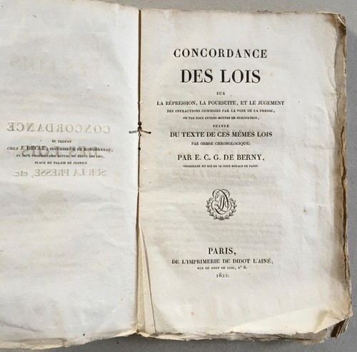 E.C.G. de Berny — Concordance des lois sur la presse — é.o. — Didot — 1822. - Picture 1 of 10